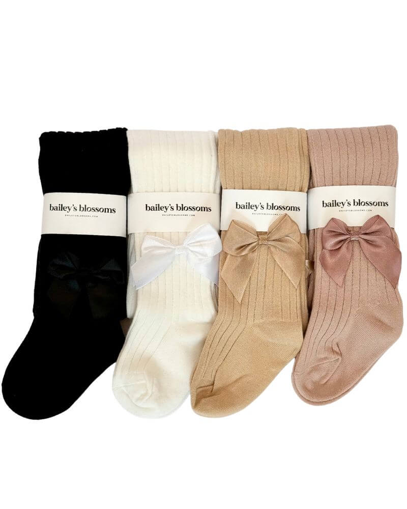 Collette Ribbed Satin Bow Tights from Bailey's Blossoms