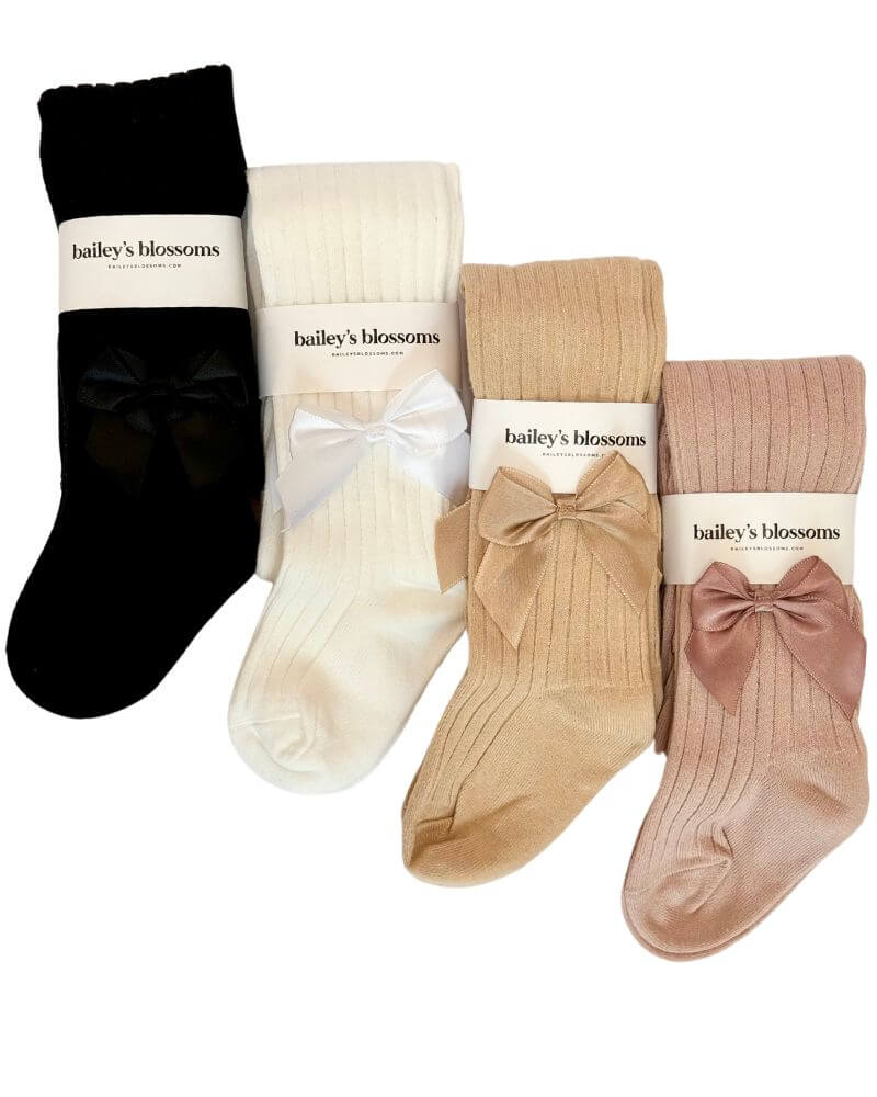 Collette Ribbed Satin Bow Tights from Bailey's Blossoms