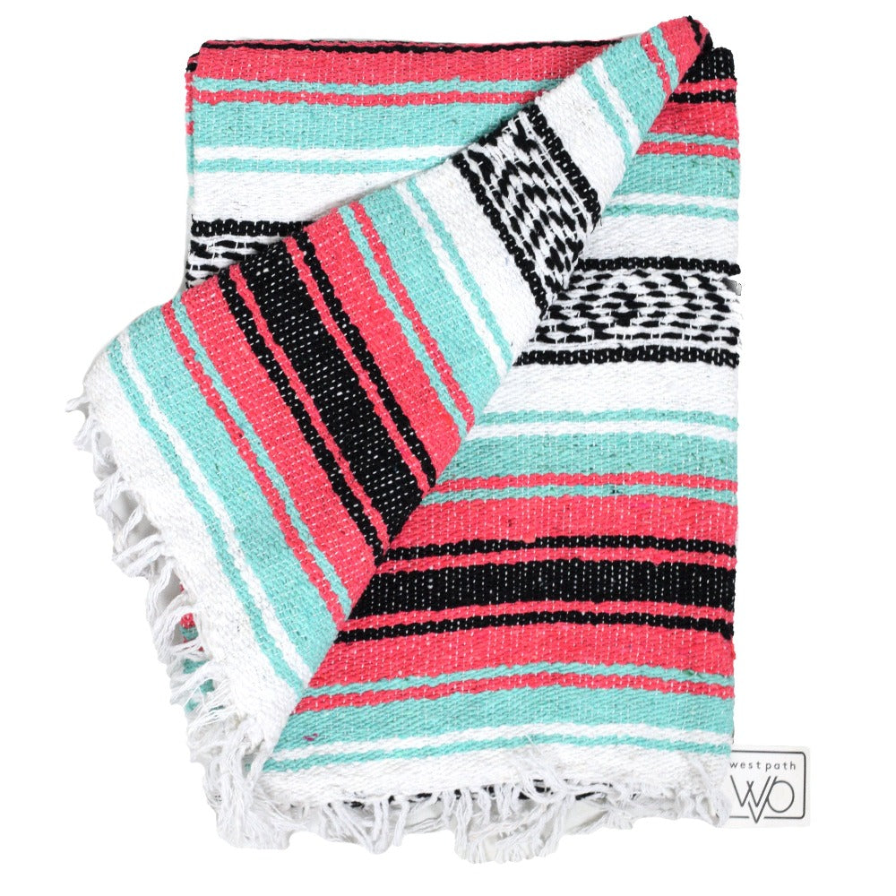 Seafoam Green & Coral Mexican Falsa Blanket From West Path
