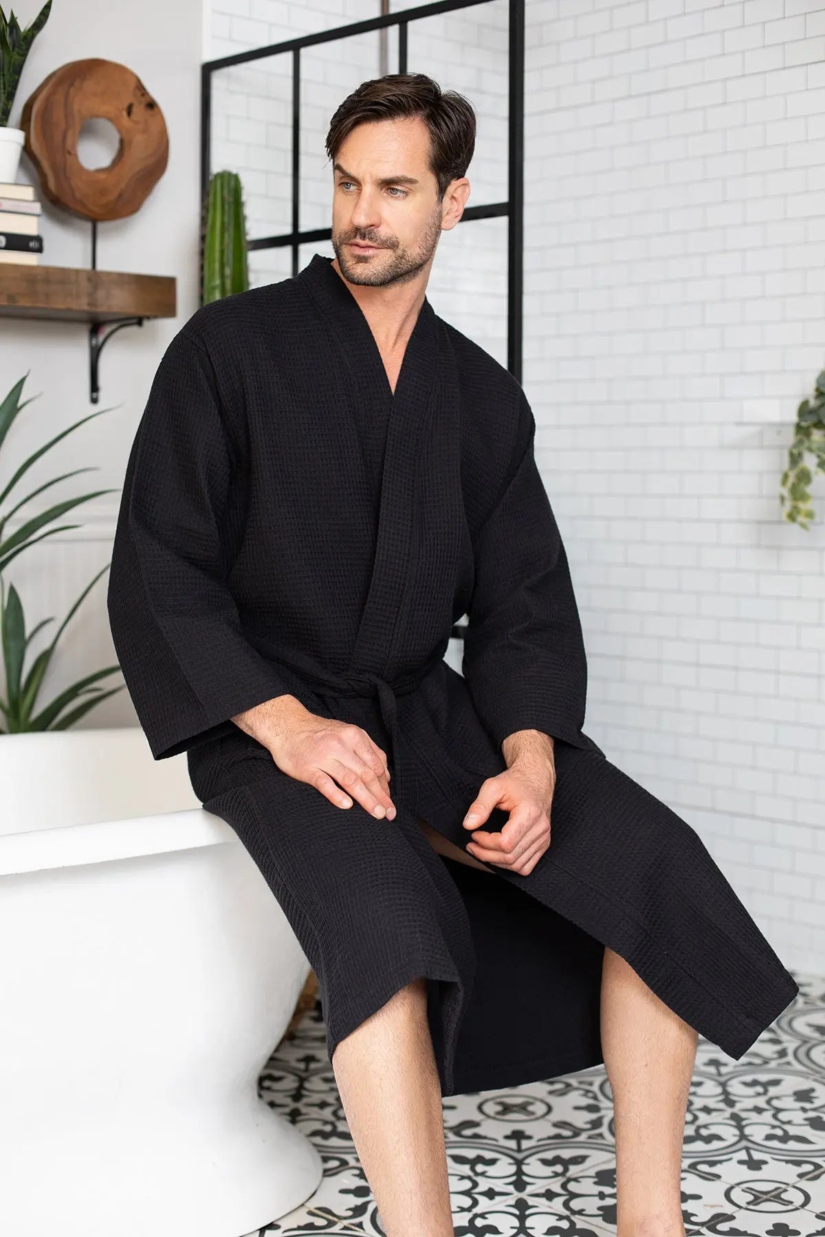 Waffle Kimono Spa Bathrobe for Men -  Absorbent, Lightweight From Lotus Linen