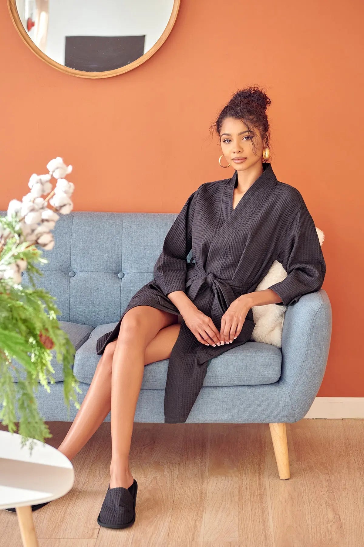 Knee-Length Waffle Kimono Robe for Women From Lotus Linen
