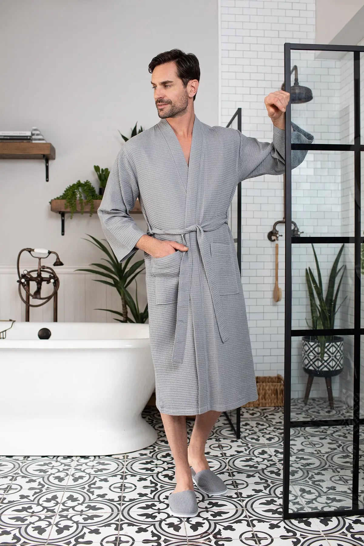 Waffle Kimono Spa Bathrobe for Men -  Absorbent, Lightweight From Lotus Linen