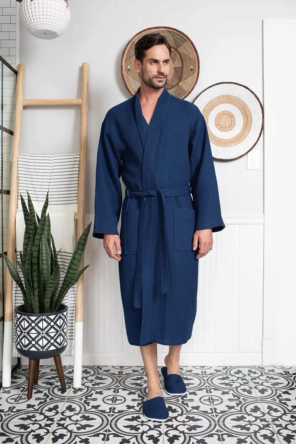 Waffle Kimono Spa Bathrobe for Men -  Absorbent, Lightweight From Lotus Linen