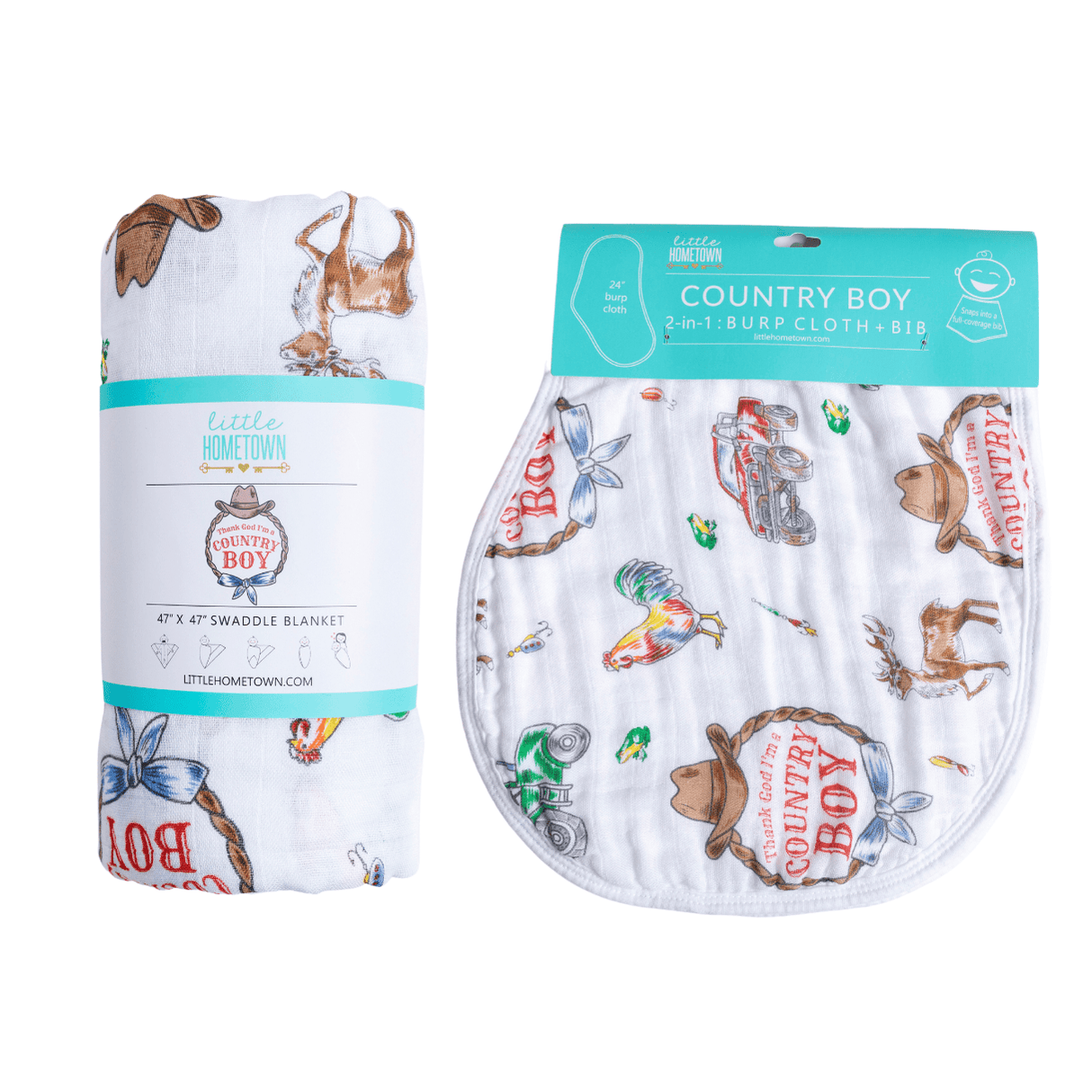 Country Boy Baby Giftset:  Baby Swaddle Blanket and Burp/Bib Combo from Little Hometown
