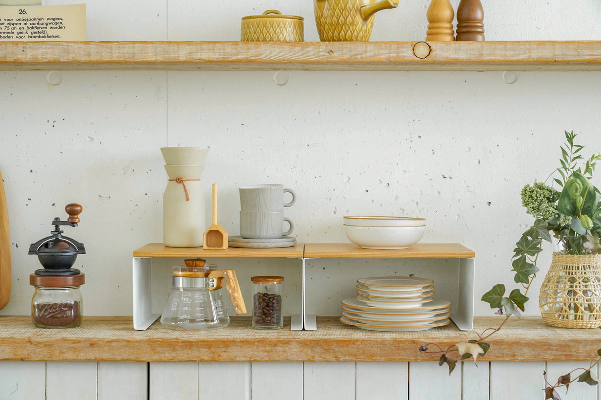 Stackable Countertop Shelf - Two Sizes - Steel + Wood from Yamazaki Home