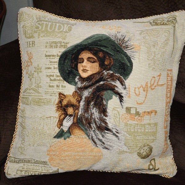 Tache Puppy Day Out French European Postcard Emerald Green Beige Tapestry Throw Pillow Cover (CC-1354) from Tache Home Fashion