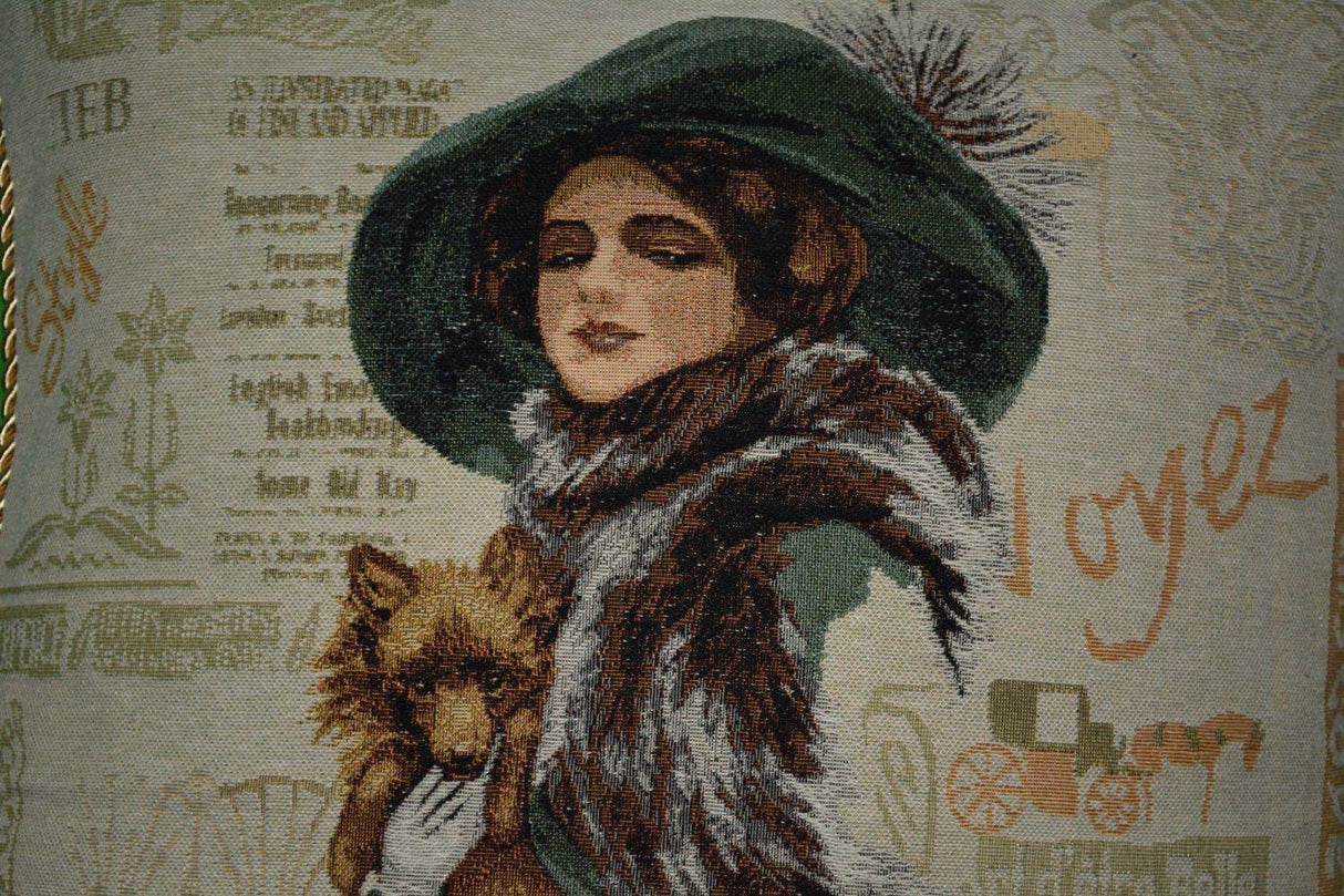 Tache Puppy Day Out French European Postcard Emerald Green Beige Tapestry Throw Pillow Cover (CC-1354) from Tache Home Fashion