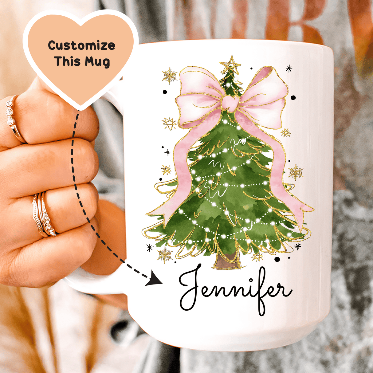 Custom Christmas Tree Bow Mug from Peachy Sunday