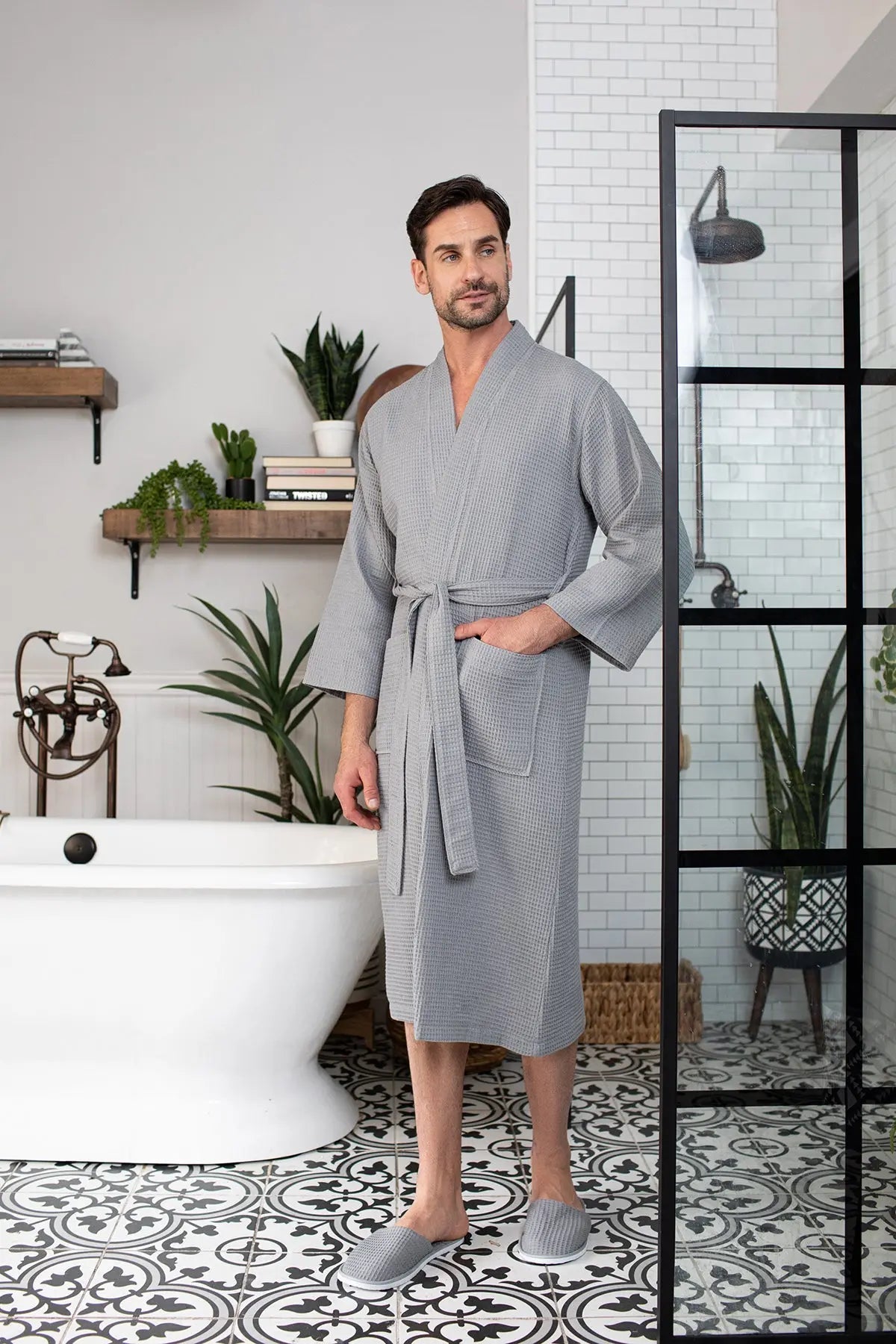 Waffle Kimono Spa Bathrobe for Men -  Absorbent, Lightweight From Lotus Linen