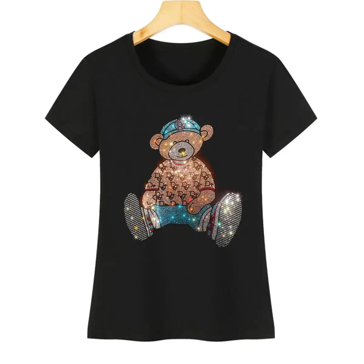 Cute Bear Cotton T-Shirt - Rhinestone Cartoon Top for Women From Kawaii Stop