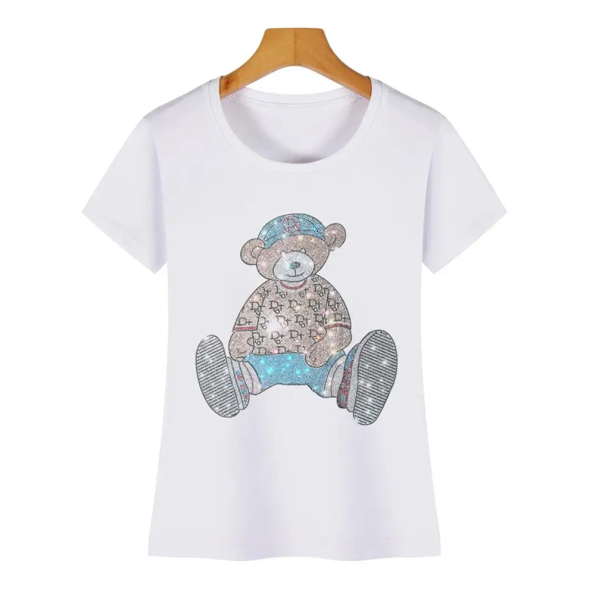 Cute Bear Cotton T-Shirt - Rhinestone Cartoon Top for Women From Kawaii Stop