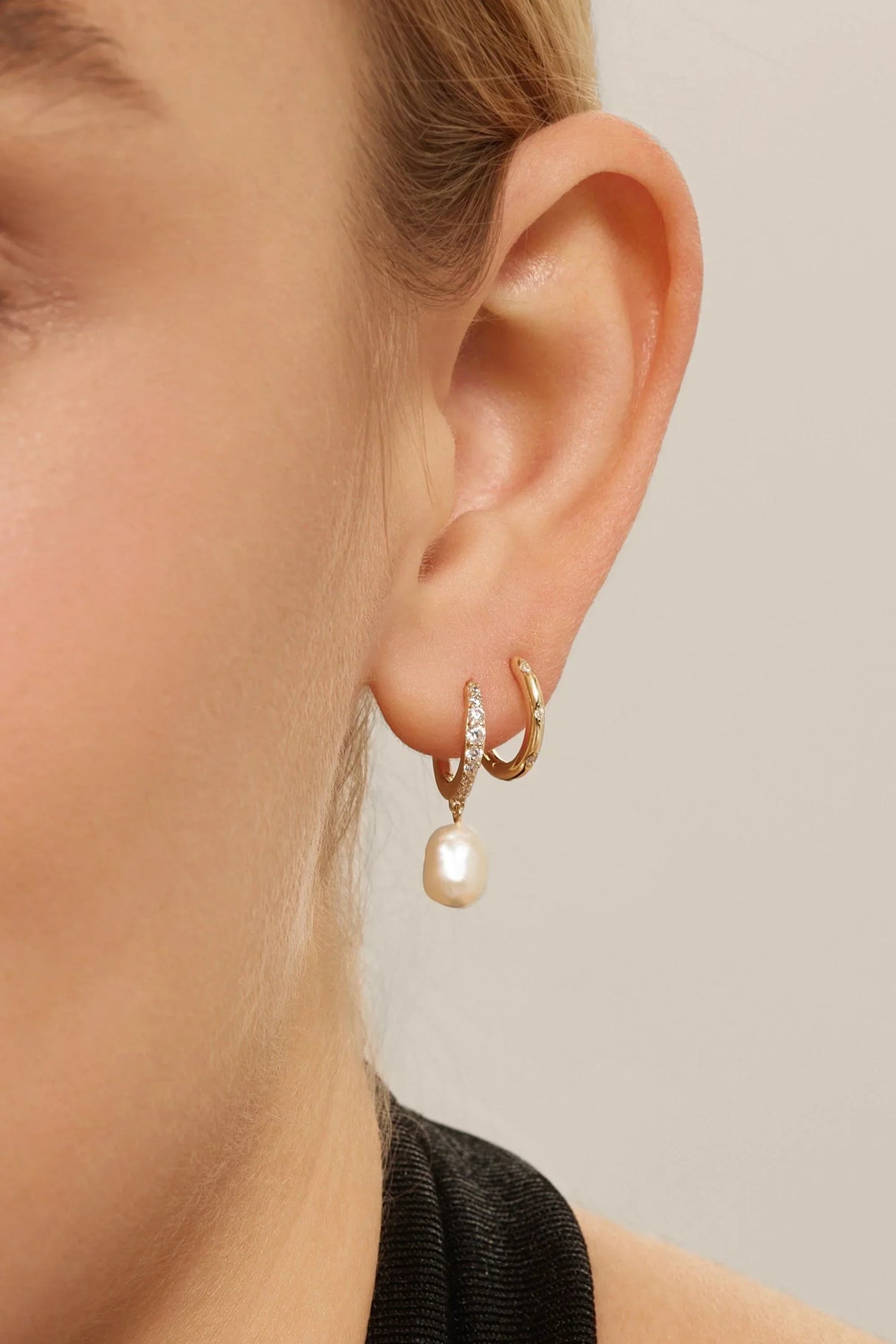CZ Huggie Hoops With Pearl Drop from eklexic