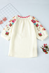 Beige Floral Embroidered Ricrac Puff Sleeve Textured Blouse from MsDressly