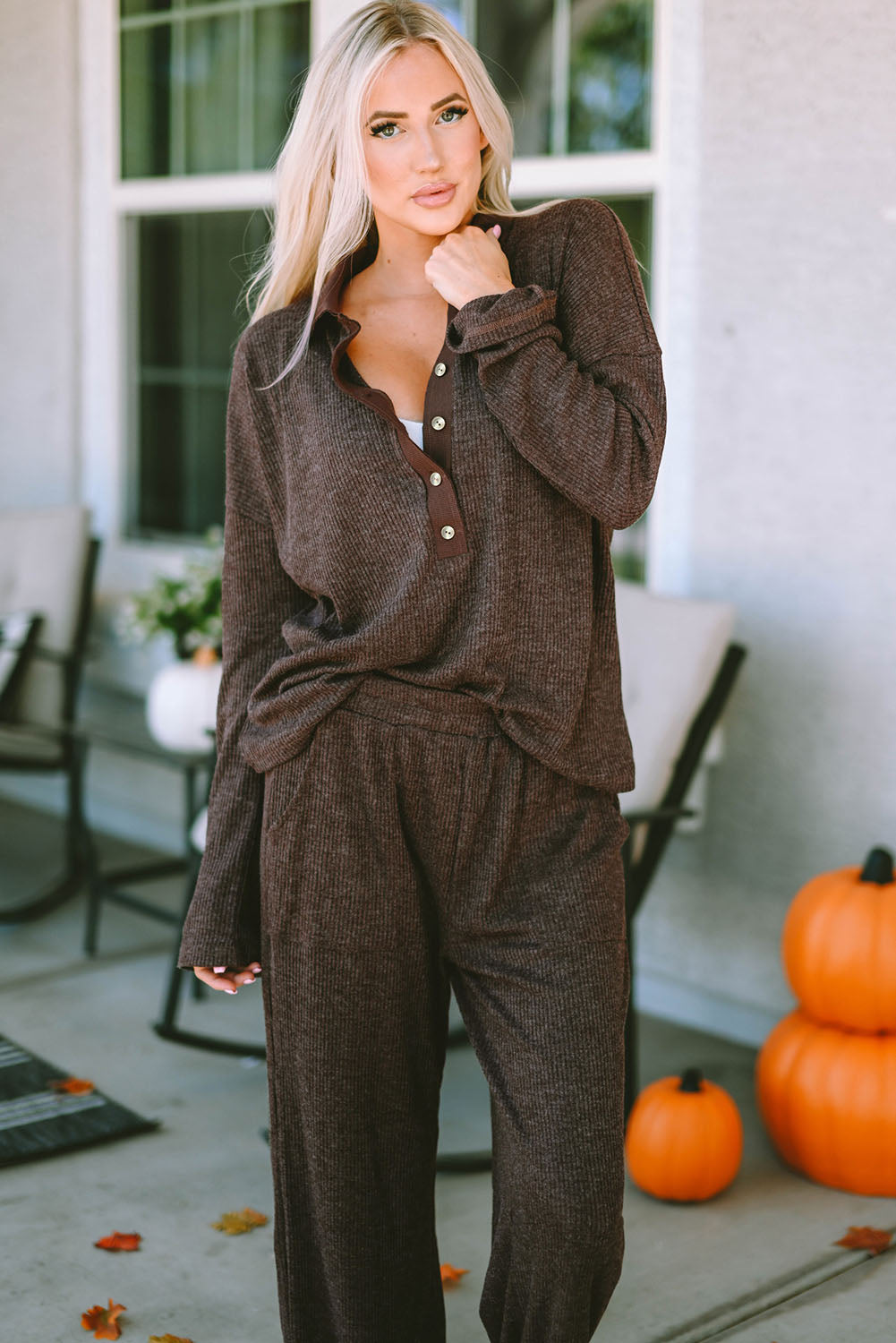 Brooke Ribbed Knit Collared Henley Top and Pants Lounge Outfit From Threaded Pear