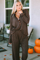 Brooke Ribbed Knit Collared Henley Top and Pants Lounge Outfit From Threaded Pear