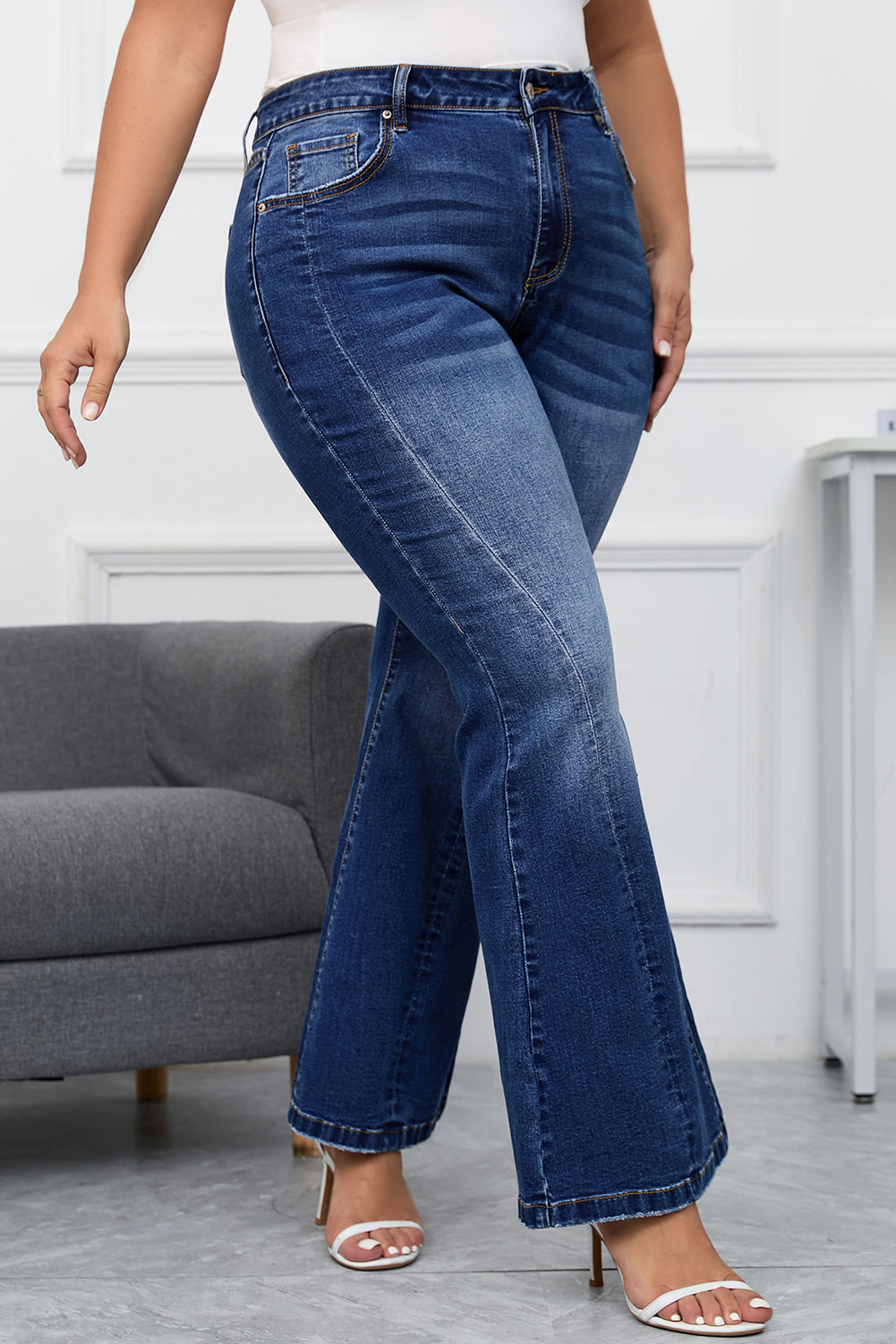 Aila Dark Blue Plus Size Stitching Flare Jeans From Threaded Pear
