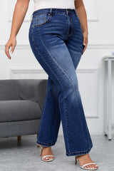 Aila Dark Blue Plus Size Stitching Flare Jeans From Threaded Pear