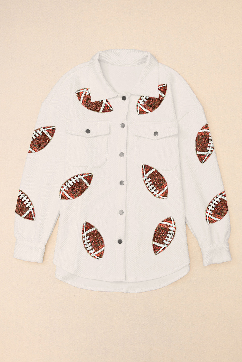 Beige Bubble Gum Texture Sequined Rugby Football Shacket from MsDressly
