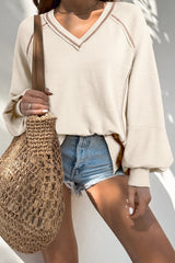 Beige Exposed Seam Textured Knit V Neck Pullover Top from MsDressly