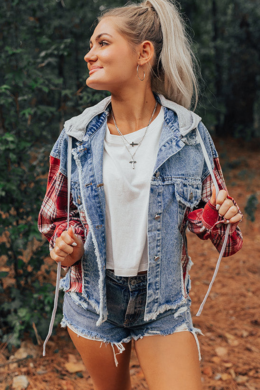 Beau Blue Plaid Print Patchwork Hooded Raw Hem Denim Jacket from MsDressly
