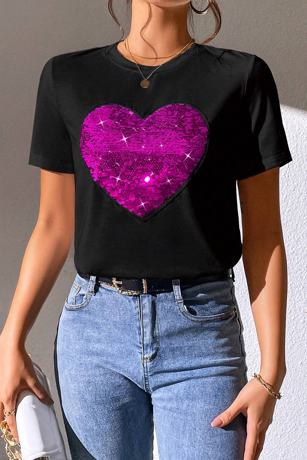 Black Valentine Two Tone Sequined Heart Shaped Graphic T Shirt from MsDressly