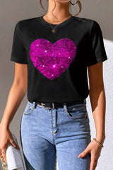 Black Valentine Two Tone Sequined Heart Shaped Graphic T Shirt from MsDressly