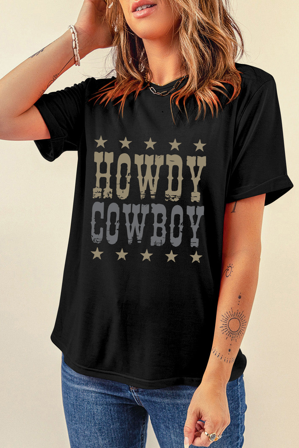 Black HOWDY COWBOY Star Print Crew Neck Loose T Shirt from MsDressly