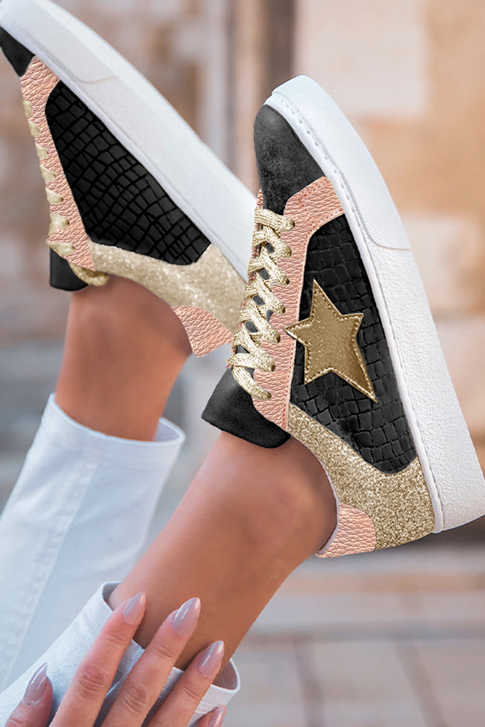 Clare Gold Glitter Star Lace-up Sneakers from Threaded Pear