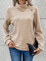 Apricot Textured High Neck Sweatshirt with Unique Asymmetrical Buttons from MsDressly