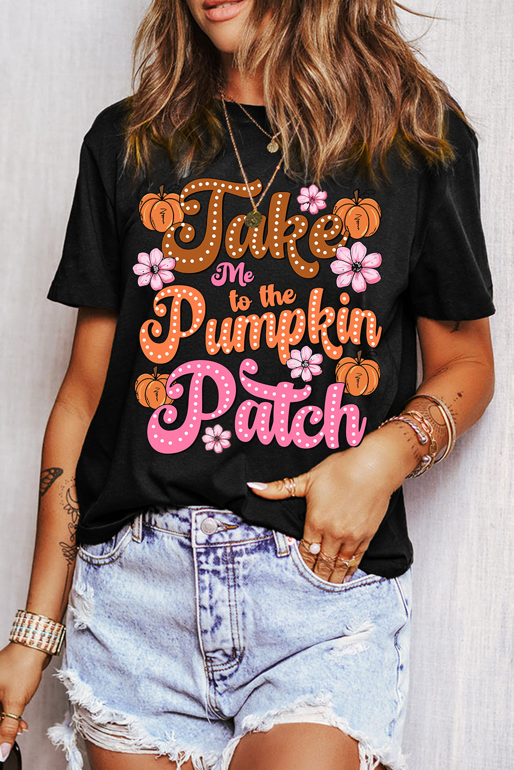 Black Take Me To The Pumpkin Patch Flower Print T Shirt from MsDressly
