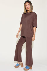 Basic Bae Full Size Bamboo Drop Shoulder T-Shirt and Flare Pants Set from Enfance-Heureuse