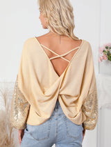 Apricot Sequin Patchwork Waffle Knit Open Back Top with Long Sleeves from MsDressly