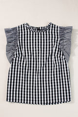 Black Checkered Ruffled Sleeve Frilled Neck Blouse from MsDressly