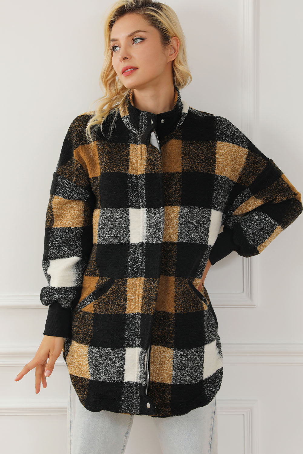 Black Zipper Side Pockets Plaid Overcoat from MsDressly