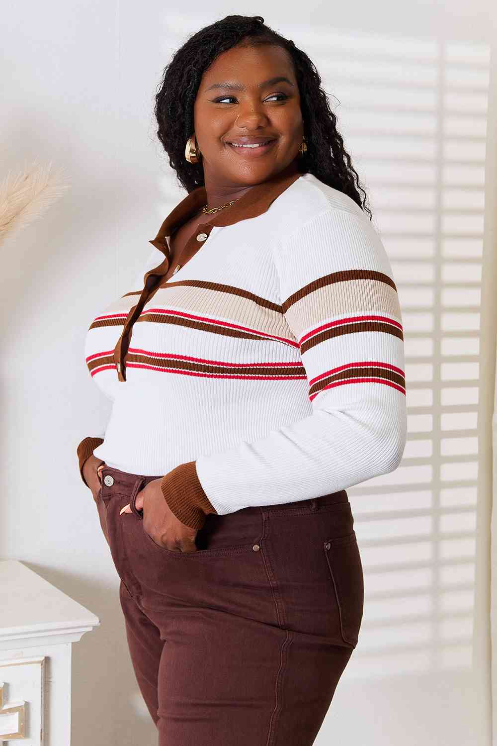 Basic Bae Striped Collared Neck Rib-Knit Top from Enfance-Heureuse