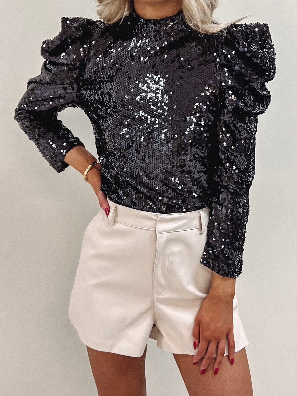 Black Puff Sleeve Sequin Blouse from MsDressly