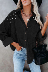 Black Beads Stud Corduroy Button up Shacket from MsDressly