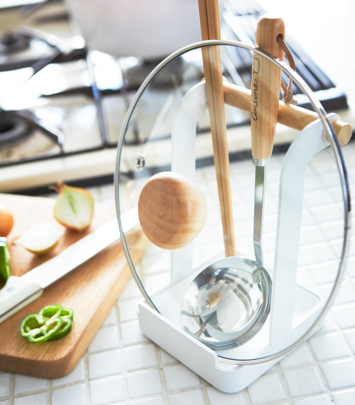 Lid & Ladle Stand - Steel + Wood from Yamazaki Home