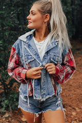 Beau Blue Plaid Print Patchwork Hooded Raw Hem Denim Jacket from MsDressly