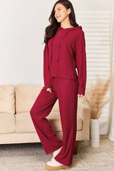 Basic Bae Full Size Ribbed Drawstring Hooded Top and Straight Pants Set from Enfance-Heureuse