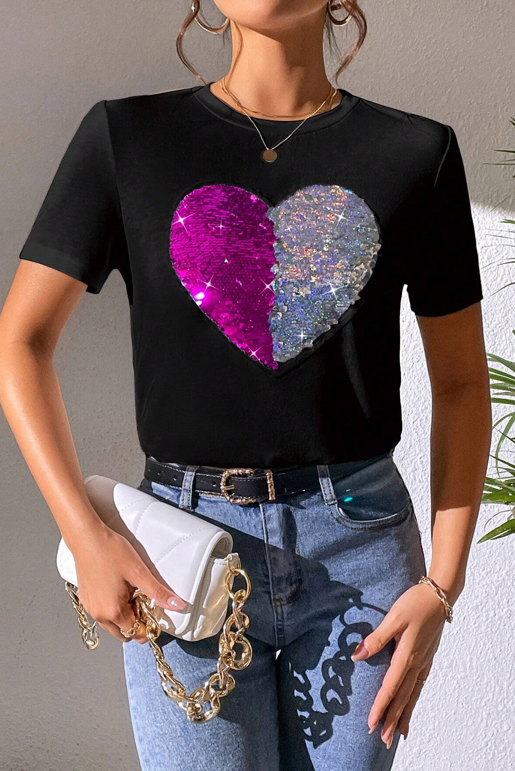 Black Valentine Two Tone Sequined Heart Shaped Graphic T Shirt from MsDressly
