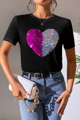 Black Valentine Two Tone Sequined Heart Shaped Graphic T Shirt from MsDressly