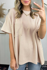 Beige Corded Knit Pocketed Loose Fit T Shirt from MsDressly