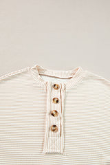 Apricot Corded Texture Lantern Sleeve Buttons Henley Sweatsuit from MsDressly
