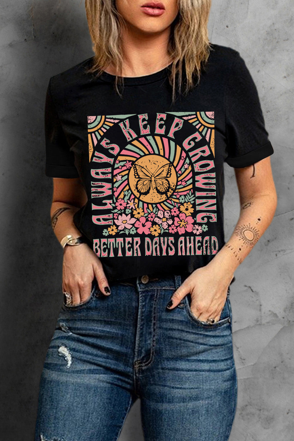 Black Always Keep Growing Butterfly Flower Crewneck T-Shirts from MsDressly