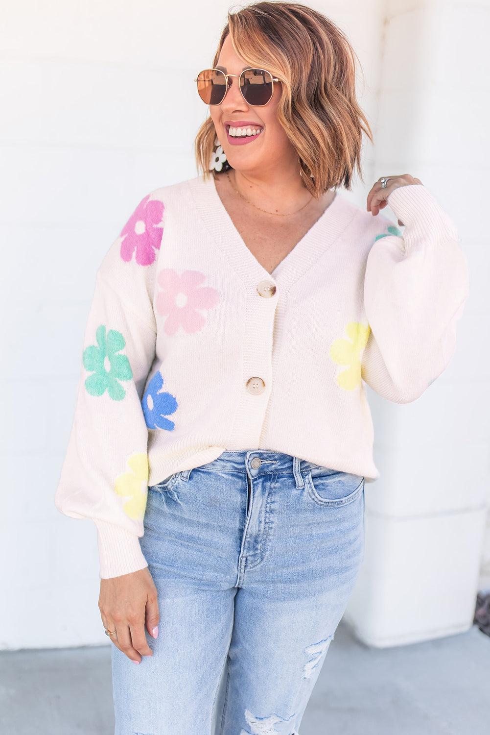 Beige Floral Pattern V Neck Buttoned Plus Size Cardigan from MsDressly