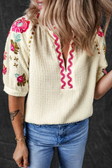Beige Floral Embroidered Ricrac Puff Sleeve Textured Blouse from MsDressly