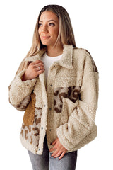 Beige Leopard Patchwork Snap Buttons Sherpa Jacket from MsDressly