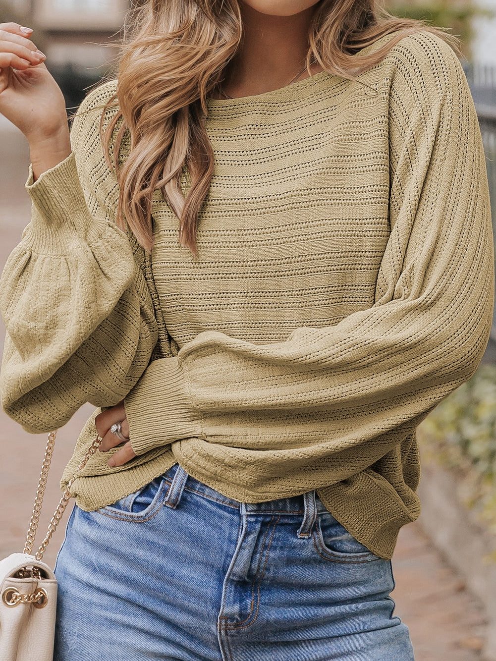 Apricot Eyelets Textured Lantern Sleeve Knit Jumper from MsDressly