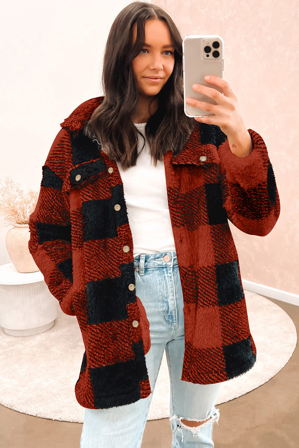 Brown Fuzzy Plaid Flap Button Up Midi Coat From MsDressly